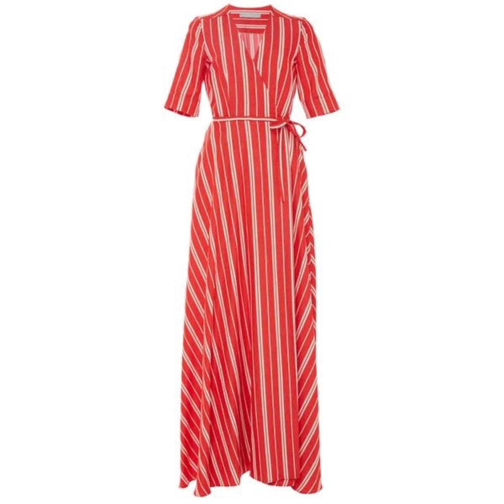 Christine Alcalay red striped linen wrap dress